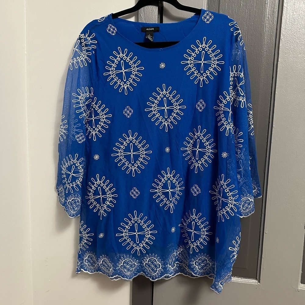 Alfani Cobalt Blue Blouse with White embroidery
